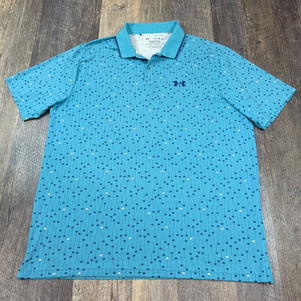 Under Armour Iso-Chill Polo Shirt Men XL Turquoise Blue Palm Tree Golf Geometric
